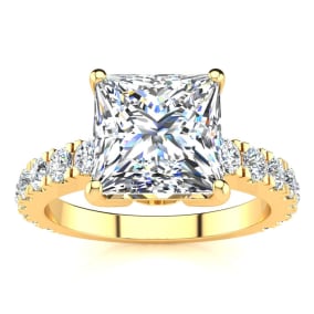 3 1/2 Carat Natural Princess Cut Diamond Engagement Ring Including 2 1/2 Carat Natural Center Diamond In 14K Yellow Gold