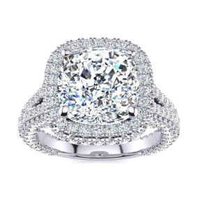 6 Carat Natural Cushion Cut Halo Diamond Engagement Ring In 14K White Gold