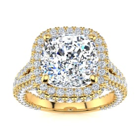6 Carat Natural Cushion Cut Halo Diamond Engagement Ring In 14K Yellow Gold