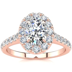 1 1/2 Carat Oval Shape Halo Diamond Engagement Ring in 14k Rose Gold