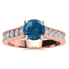 1 1/2 Carat Diamond Engagement Ring With 1 Carat Blue Diamond Center In 14K Rose Gold