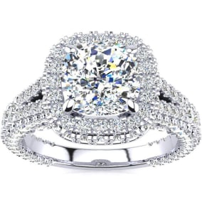 3 1/2 Carat Cushion Cut Halo Diamond Engagement Ring In 14K White Gold