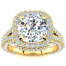 4 1/2 Carat Cushion Cut Halo Diamond Engagement Ring In 14K Yellow Gold