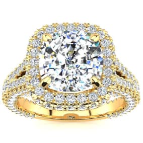 4 1/2 Carat Natural Cushion Cut Halo Diamond Engagement Ring In 14K Yellow Gold