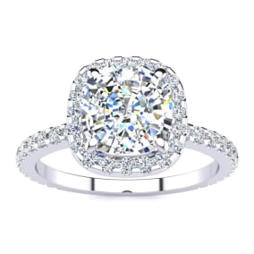 1 1/2 Carat Cushion Cut Halo Diamond Engagement Ring in 14 Karat White Gold