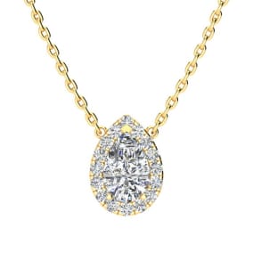 1/2 Carat Pear Shape Halo Diamond Necklace In 14K Yellow Gold