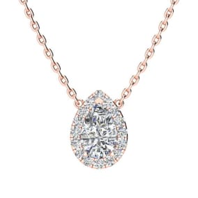 1/2 Carat Pear Shape Halo Diamond Necklace In 14K Rose Gold
