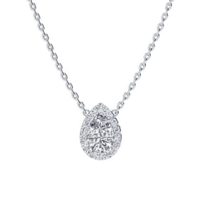 1/4 Carat Pear Shape Halo Diamond Necklace In 14K White Gold