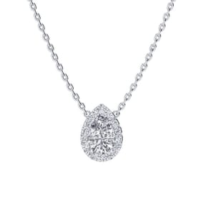1/4 Carat Natural Pear Shape Halo Diamond Necklace In 14K White Gold