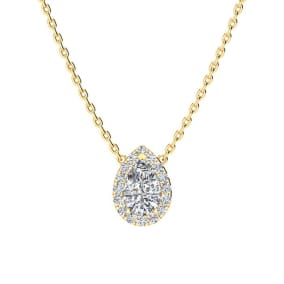 1/4 Carat Natural Pear Shape Halo Diamond Necklace In 14K Yellow Gold