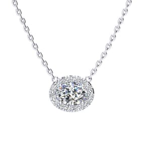 1/2 Carat Oval Shape Halo Diamond Necklace In 14K White Gold