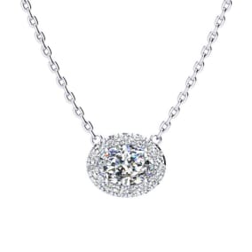 1/2 Carat Natural Oval Shape Halo Diamond Necklace In 14K White Gold