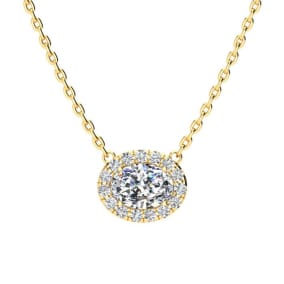 1/2 Carat Oval Shape Halo Diamond Necklace In 14K Yellow Gold