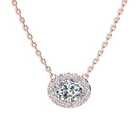1/2 Carat Oval Shape Halo Diamond Necklace In 14K Rose Gold