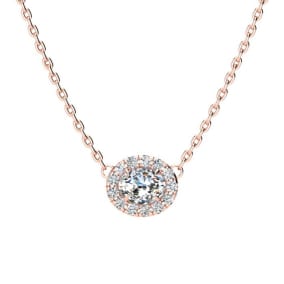 1/4 Carat Oval Shape Halo Diamond Necklace In 14K Rose Gold