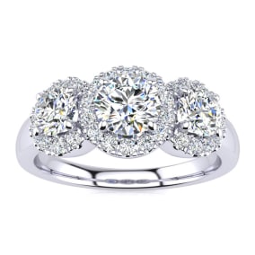 1 Carat Round Shape Halo Diamond Three Stone Ring In 14K White Gold