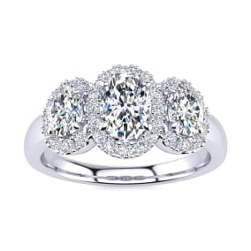 1 1/4 Carat Oval Shape Halo Diamond Three Stone Ring In 14K White Gold