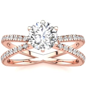 Modern X Band 1.25 Carat Solitaire Engagement Ring With 48 Side Diamonds in 14K Rose Gold, Size 4.5