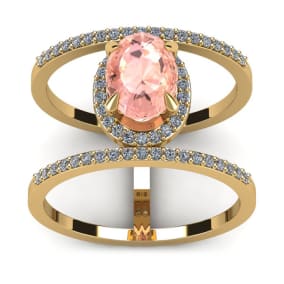 1 1/2 Carat Oval Shape Morganite and Halo Diamond Spacer Ring In 14 Karat Yellow Gold, Size 6.5