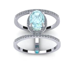 Aquamarine Ring: Aquamarine Jewelry: 1 1/2 Carat Oval Shape Aquamarine and Halo Diamond Spacer Ring In 14 Karat White Gold, Size 5.5