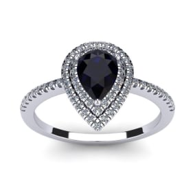 1 Carat Pear Shape Sapphire and Double Halo Diamond Ring In 14 Karat White Gold, Size 6.5