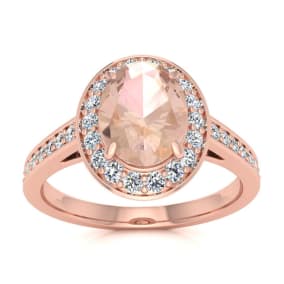 1 1/2 Carat Oval Shape Morganite and Halo Diamond Ring In 14 Karat Rose Gold, Size 5