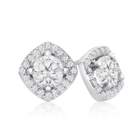 14K White Gold 1 1/5 Carat Cushion Shape Halo Diamond Stud Earrings, Martini Setting