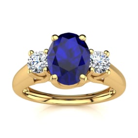 1 1/5 Carat Oval Shape Sapphire and Two Diamond Ring In 14 Karat Yellow Gold, Size 6-7-8-9