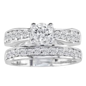 1 1/2 Carat Natural Round Diamond Bridal Set, 14k White Gold
