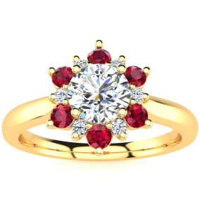 1 1/2 Carat Natural Round Shape Flower Halo Ruby and Diamond Engagement Ring In 14K Yellow Gold