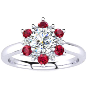 1 1/2 Carat Natural Round Shape Flower Halo Ruby and Diamond Engagement Ring In 14K White Gold