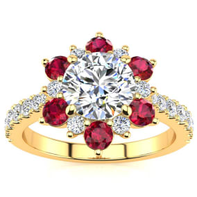 2 Carat Natural Round Shape Flower Halo Ruby and Diamond Engagement Ring In 14K Yellow Gold