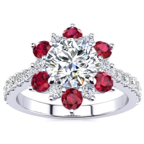 2 Carat Natural Round Shape Flower Halo Ruby and Diamond Engagement Ring In 14K White Gold