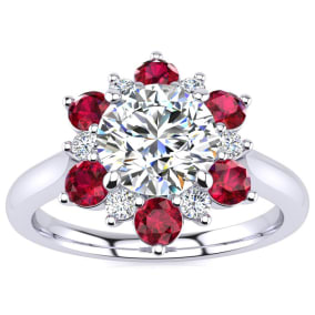 3/4 Carat Natural Round Shape Flower Halo Ruby and Diamond Engagement Ring In 14K White Gold