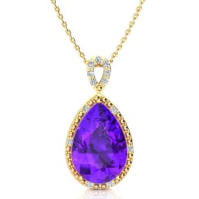 3 1/2ct Pear Shaped Amethyst and Diamond Necklace In 10K Yellow Gold