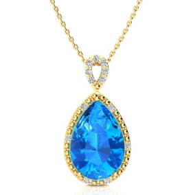 3 1/2ct Pear Shaped Blue Topaz and Diamond Necklace In 10K Yellow Gold