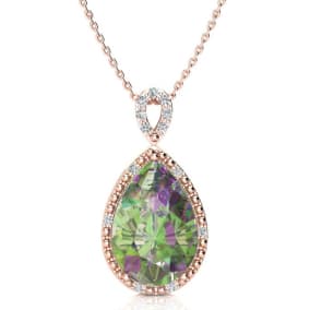 3-1/2 Carat Pear Shape Mystic Topaz Necklace With Diamonds In 10 Karat Rose Gold, 18 Inches