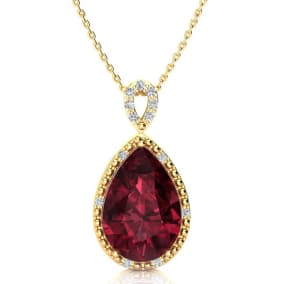 Garnet Necklace: Garnet Jewelry: 3 1/2ct Pear Shaped Garnet and Diamond Necklace In 10K Yellow Gold