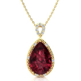 3 1/2ct Pear Shaped Garnet and Diamond Necklace In 10K Yellow Gold