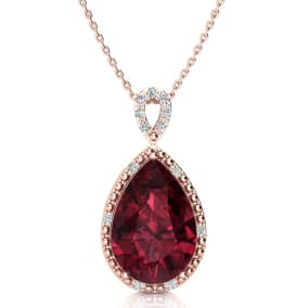 Garnet Necklace: Garnet Jewelry: 3 1/2ct Pear Shaped Garnet and Diamond Necklace In 10K Rose Gold