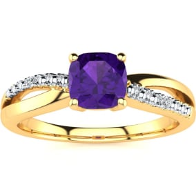 3/4ct Cushion Cut Amethyst and Diamond Ring In 10K Yellow Gold