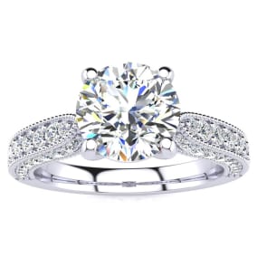 1 3/4 Carat Natural Vintage Diamond Engagement Ring In 14K White Gold, 1 1/3 Carat Natural Center Diamond