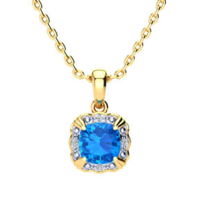 2 1/2ct Cushion Cut Blue Topaz and Diamond Necklace In 10K Yellow Gold