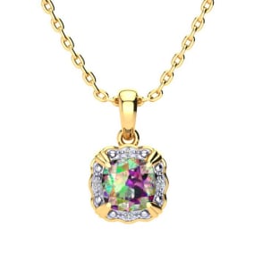 2-1/2 Carat Cushion Shape Mystic Topaz Necklace With Diamonds In 10 Karat Yellow Gold, 18 Inches