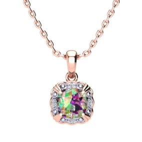 2-1/2 Carat Cushion Shape Mystic Topaz Necklace With Diamonds In 10 Karat Rose Gold, 18 Inches