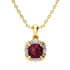 2 1/2ct Cushion Cut Garnet and Diamond Necklace In 10K Yellow Gold