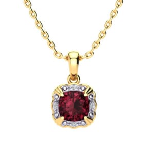 Garnet Necklace: Garnet Jewelry: 2 1/2ct Cushion Cut Garnet and Diamond Necklace In 10K Yellow Gold