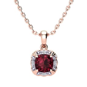 Garnet Necklace: Garnet Jewelry: 2 1/2ct Cushion Cut Garnet and Diamond Necklace In 10K Rose Gold