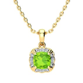 2 1/2ct Cushion Cut Peridot and Diamond Necklace In 10K Yellow Gold