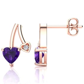 3/4ct Amethyst and Diamond Heart Earrings In 10k Rose Gold